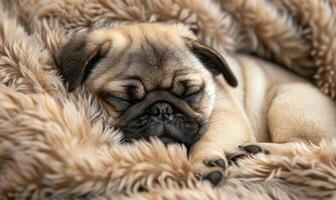 AI generated Sleepy pug puppy curled up in a soft bed photo