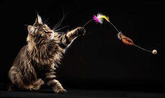 AI generated Maine Coon cat playfully batting at a feather toy in a studio setup photo