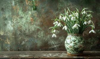 AI generated Snowdrops bouquet in a vintage vase photo