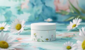 AI generated Cosmetic jar blank mockup placed on a serene watercolor chamomile background photo