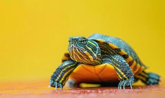 AI generated turtle on yellow background. close-up of a turtle photo