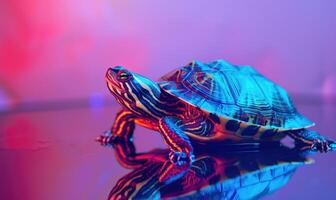 AI generated turtle on a background of multicolored light photo