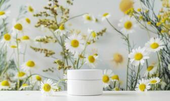 AI generated Blank cosmetic jar mockup placed on an elegant watercolor chamomile background, skin care and beauty photo