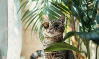 ai generado linda atigrado gato vistiendo Gafas de sol y sentado en un verde planta. foto