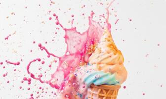 AI generated Ice cream cone explosion on white background photo