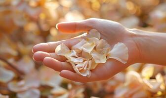 AI generated Woman's hand on white background with flower petals around photo