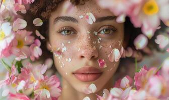 AI generated young woman in a spring flowers wreath, surrounded by floating petals or blossoms. photo