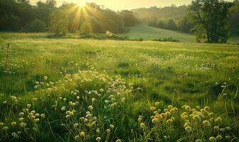 ai generado iluminado por el sol verde prado, primavera prado antecedentes foto