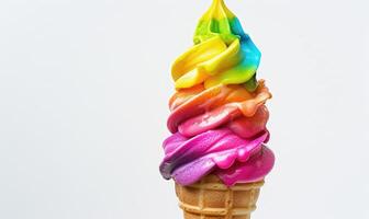 AI generated Rainbow-colored ice cream cone on white background photo