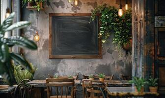 ai generado vacío de madera letrero en un de madera mesa en un café o restaurante foto