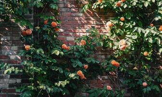 ai generado hermosa naranja rosas en el jardín en ladrillo pared antecedentes con Copiar espacio foto