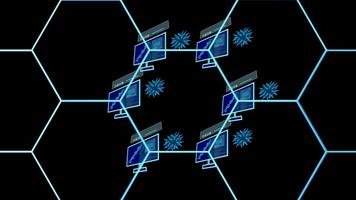 peer to peer network simulation of virus covid 19 on monitor digital technology to reseach about mutation video