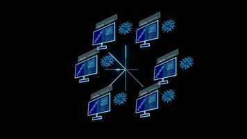 Peer zu Peer Netzwerk Verbindung Simulation von Virus covid 19 auf Monitor Digital Technologie zu Forschung Impfstoff Über Mutation video