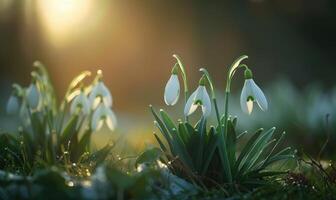 AI generated Snowdrops blooming in forest, closeup view, bokeh light photo