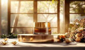 AI generated Cosmetic cream jar on golden pedestal in front of window with morning sunlight photo