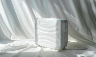 AI generated White suitcase on white fabric background with copy space. Travel concept. photo
