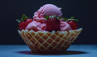 AI generated Strawberry ice cream in a waffle bowl closeup photo