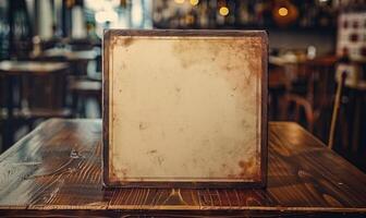 AI generated Blank frame on wooden table in cafe. Mockup for design photo