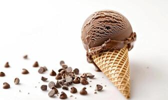 AI generated Chocolate ice cream cone on white background. photo