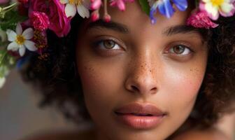 ai generado de cerca retrato de un hermosa joven africano americano mujer con guirnalda de flores foto