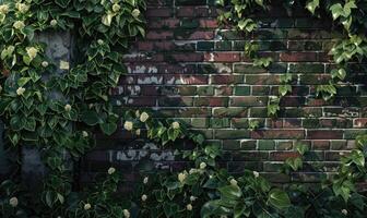 AI generated Green ivy on the brick wall, vintage style, nature background photo