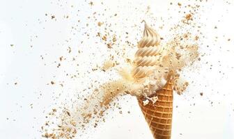 AI generated Ice cream cone explosion on white background photo