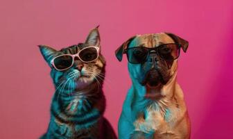 AI generated Cute cat and dog wearing sunglasses on pink background with copy space photo