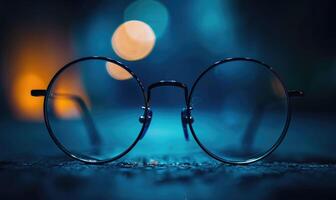AI generated Glasses on table in the office with blue bokeh background photo