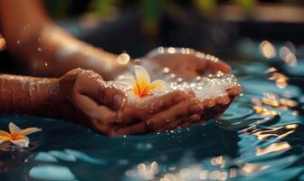 AI generated Close-up of female hands holding water with frangipani flowers photo