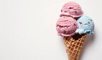 AI generated Neapolitan ice cream cones on white background photo