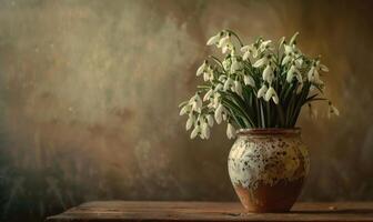 AI generated Snowdrops bouquet in a vintage vase photo