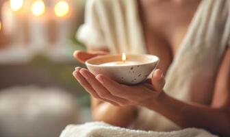 AI generated Woman holding bowl with aromatic candle in spa salon, closeup. Space for text photo