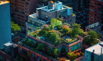 AI generated Urban rooftop garden. Modern skyscrapers, view from a terrace. photo