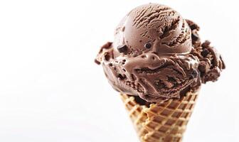 AI generated Chocolate ice cream cone on white background. photo