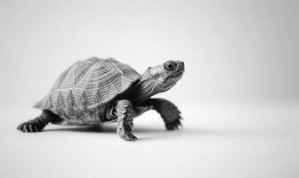 ai generado Tortuga en un blanco fondo, espacio para texto, monocromo imagen, minimalismo concepto. foto