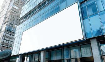 AI generated Blank screen banner mockup displayed on the modern building facade. Close Up view. photo