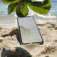 ai generado teléfono inteligente Bosquejo con un blanco pantalla en un tranquilo playa fondo, viaje y turismo foto