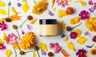 AI generated Creme jar blank mockup adorned with flower petals in various hues photo