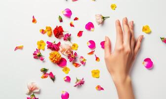 ai generado mujer mano en blanco antecedentes con flor pétalos alrededor foto