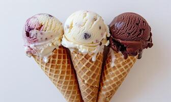 AI generated Neapolitan ice cream cones on white background photo