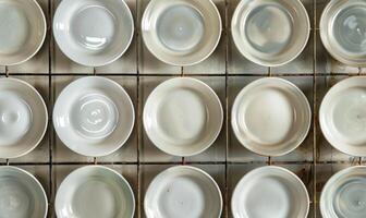 AI generated Ceramic tableware, top view of empty bowls and saucers photo