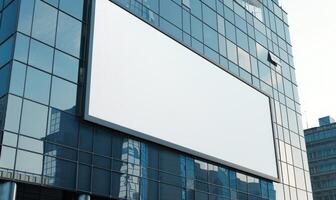 ai generado blanco pantalla bandera Bosquejo desplegado en el moderno edificio fachada. cerca arriba vista. foto