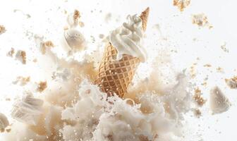 AI generated Ice cream cone explosion on white background photo