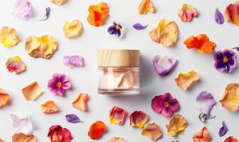 AI generated Creme jar blank mockup adorned with flower petals in various hues photo