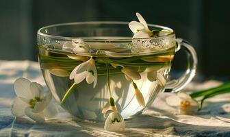 AI generated White tea and snowdrops flower closeup photo