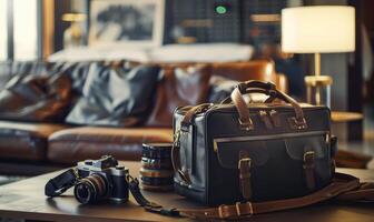 AI generated travel bag on the sofa in hotel room, travel and tourism concept photo