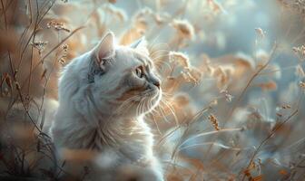 AI generated beautiful white cat on a background of autumn grass in the sun photo