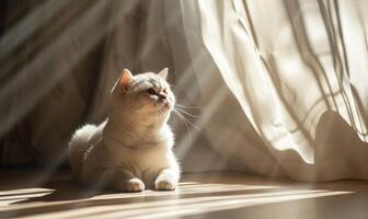 ai generado linda gato sentado en el piso con luz de sol y oscuridad desde ventana foto