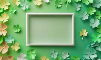 AI generated St. Patrick's Day background with shamrocks and blank frame photo