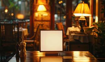 AI generated Empty wooden board on table in cafe, closeup. Space for text. Mock up for menu or design photo